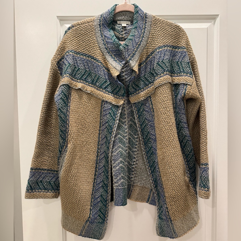 Cato Beige Open-Front Knit Cardigan with Blue and Green Accents